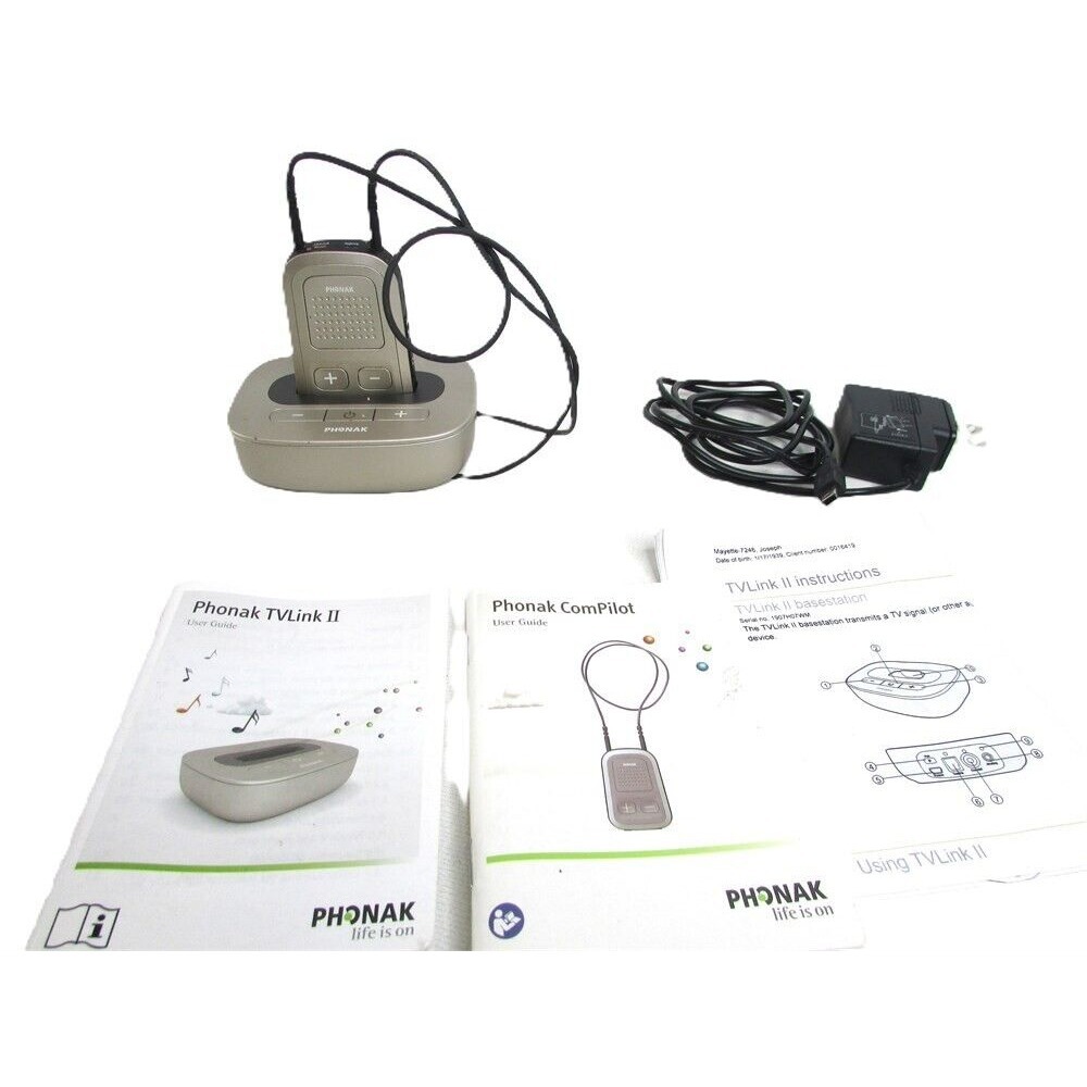 Phonak TVLink2 Base Station TV Link II and Compilot 1 w/ Power Cord [Powers On]